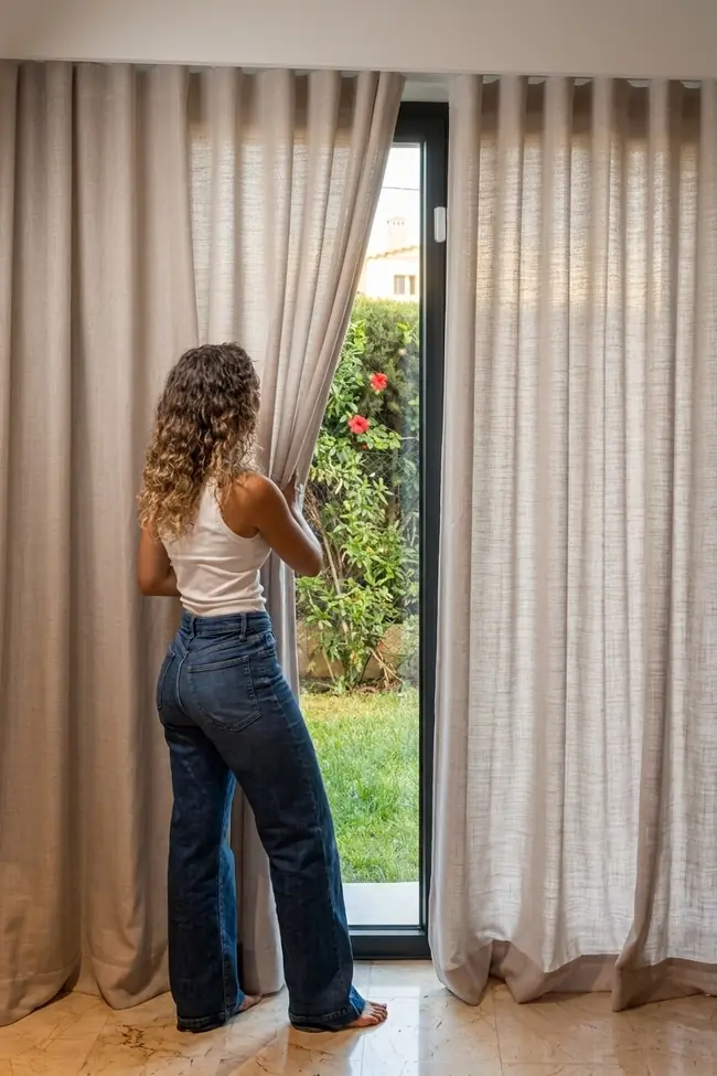 Abriendo unas cortinas de ondas en tono beige frente a una puerta al jardín