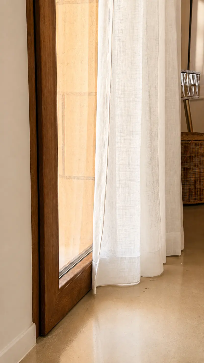 Puerta de madera con visillo blanco de lino de suelo a techo