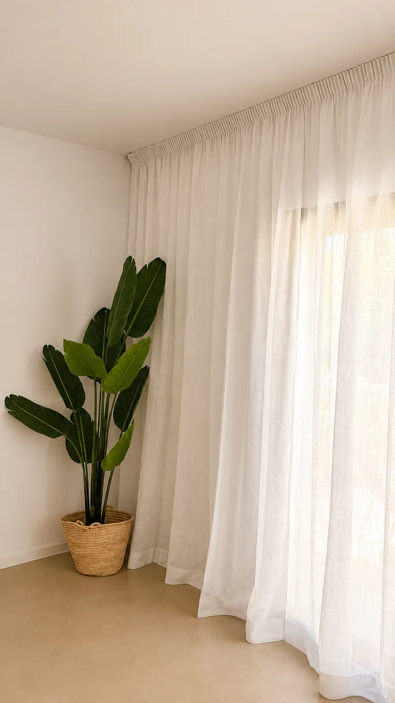 Visillo blanco de lino de suelo a techo junto a una planta en una esquina