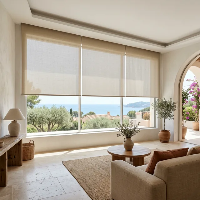 Cortina enrollable minimalista de un solo paño en salón mediterráneo