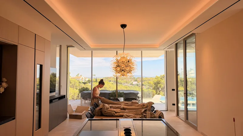 Salón y comedor de la planta baja con visillos en todos los ventanales y vistas al jardín