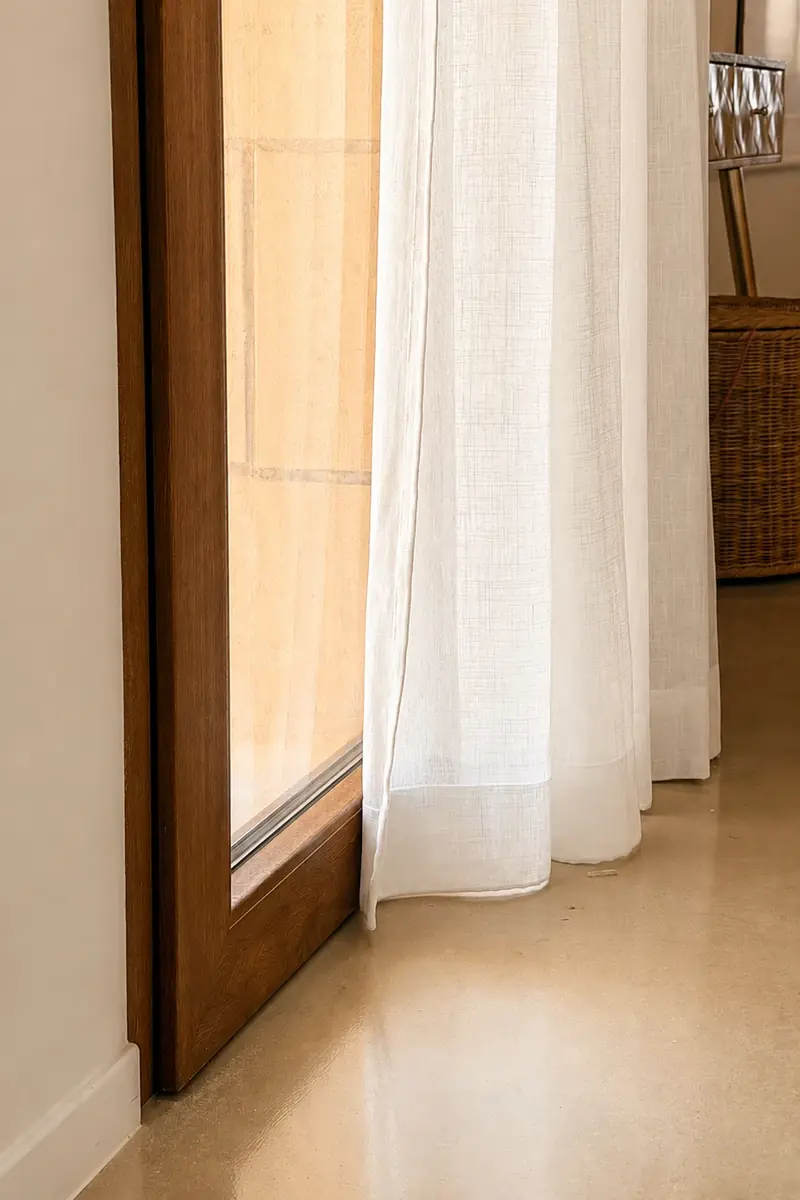 Bajo de un visillo blanco rozando el suelo junto a una puerta de madera
