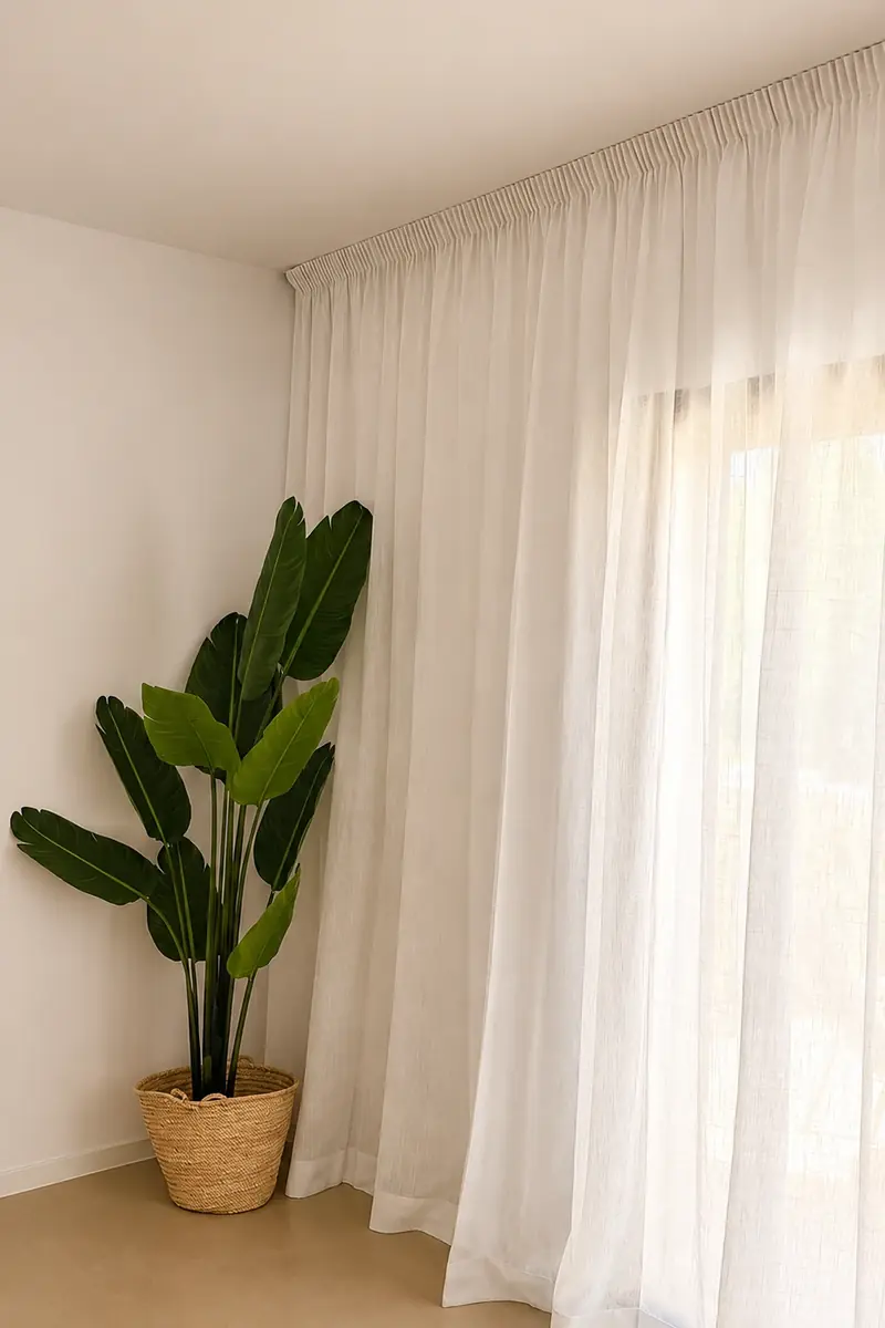 Visillo blanco de suelo a techo con cabezal fruncido, junto a una planta en la esquina