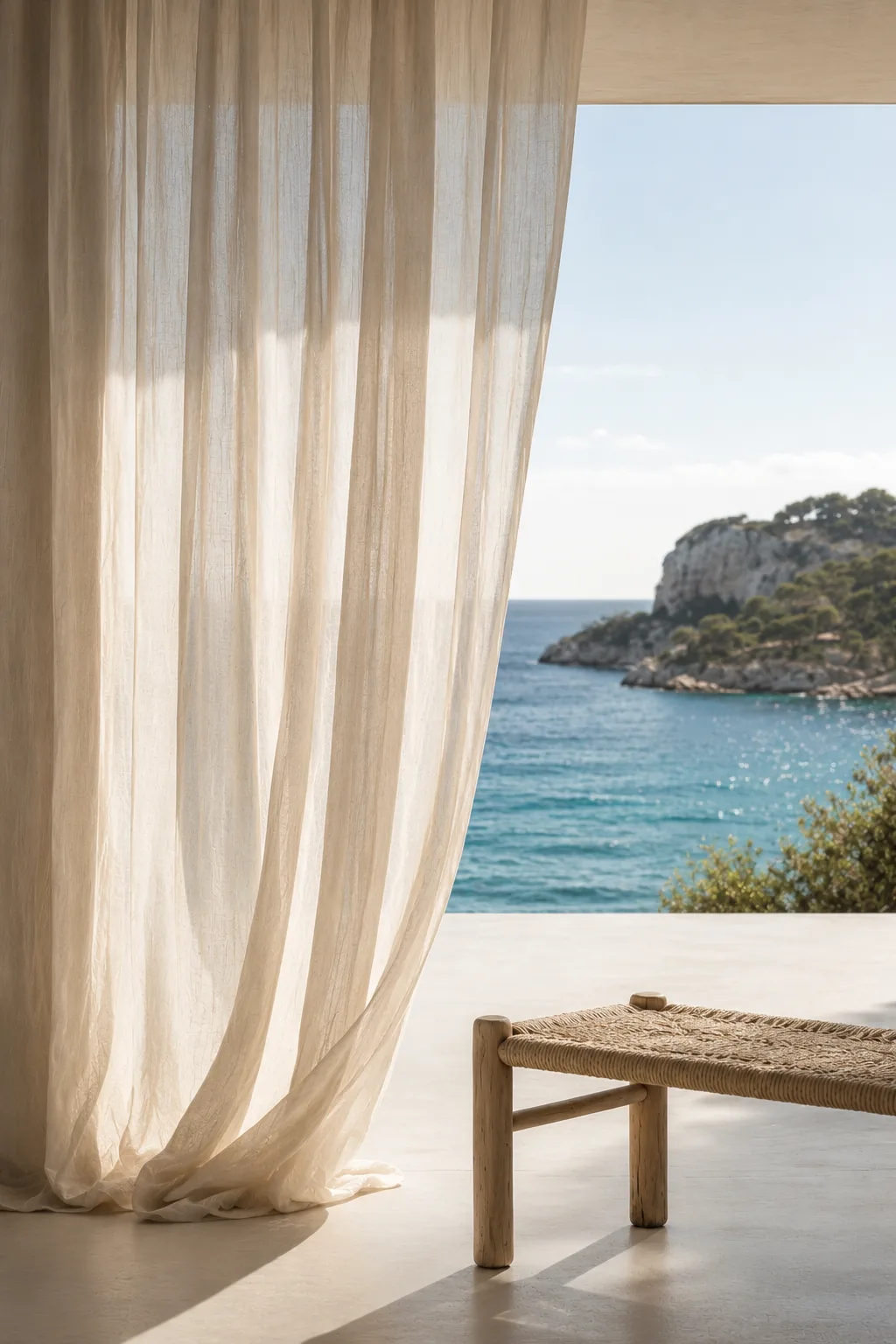 Visillo de lino traslúcido con vista al mar en vivienda mediterránea en Mallorca
